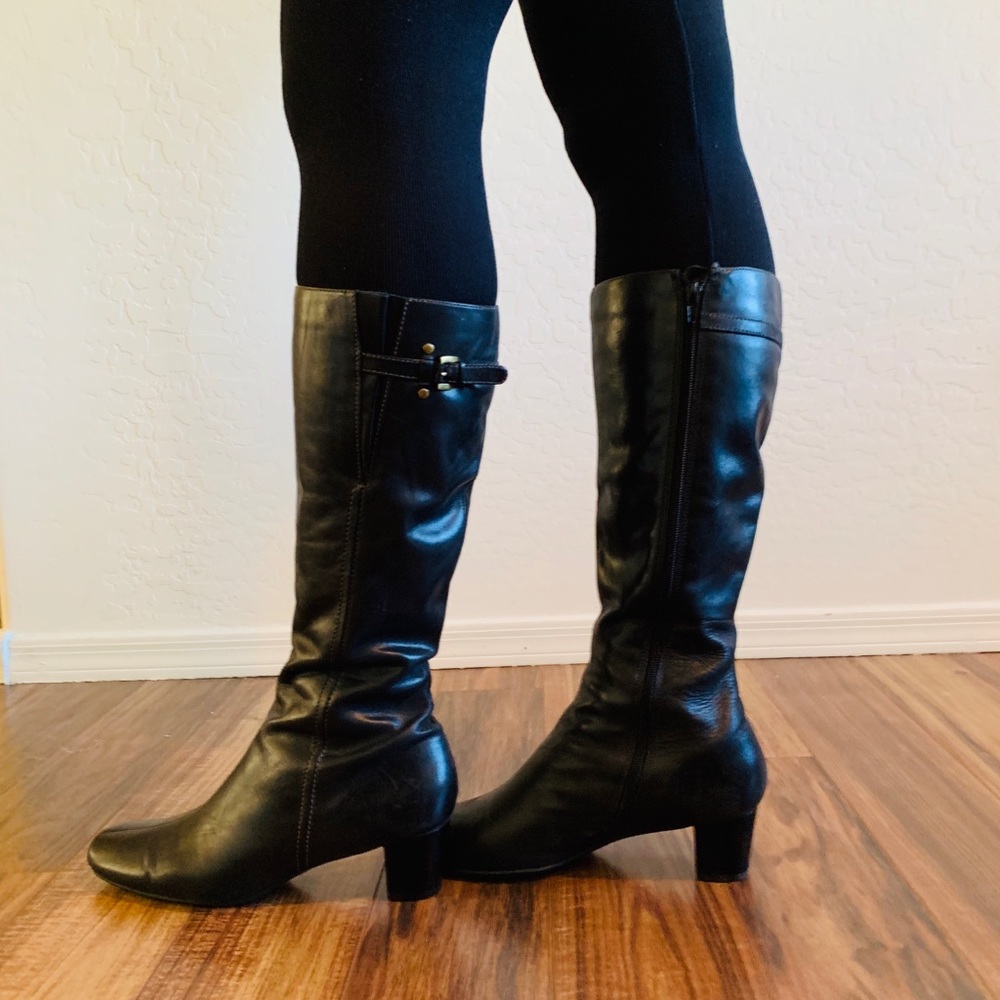 Ecco Tall Black Heeled Boots Leather SIZE 11